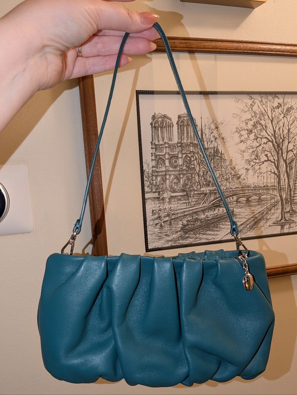 STAUD Green Teal Blue-green Bean Ruched Convertible Shoulder Bag Clutch Wristlet